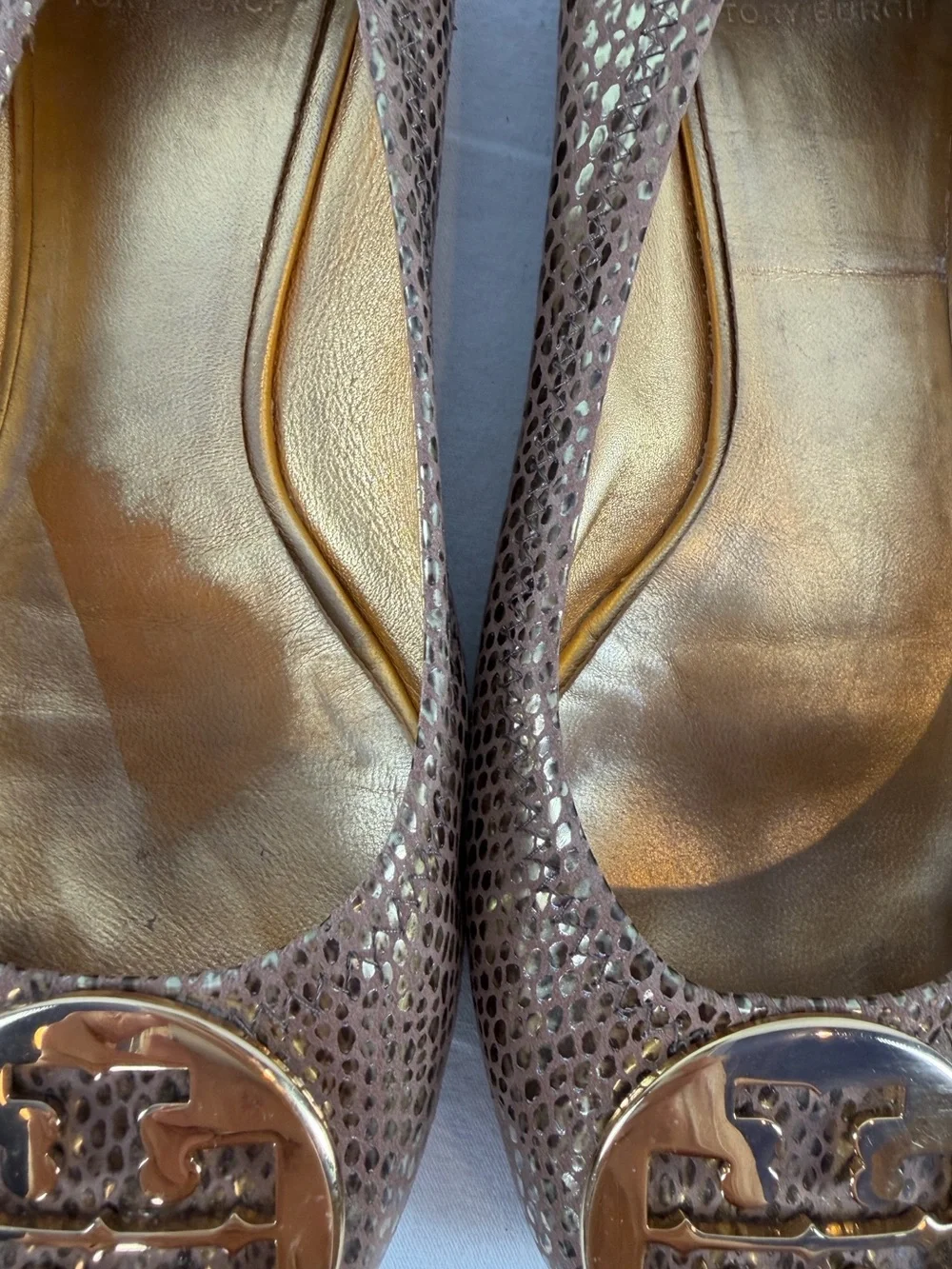 Tory Burch Snake Embossed Large Metal Logo Ballet Flat in Light Brown Gold 8.5